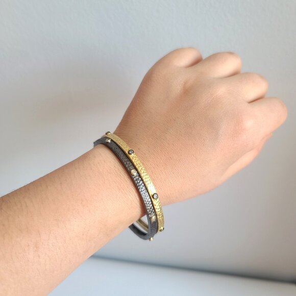 Gold & Black Textured Bangle Bracelet w CZ Accents, Interlocking Set of Two - Picture 3 of 6